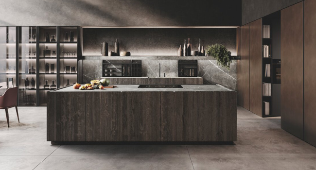 Modern Italian Metal & Wood Kitchen Bluna Old Black Fir