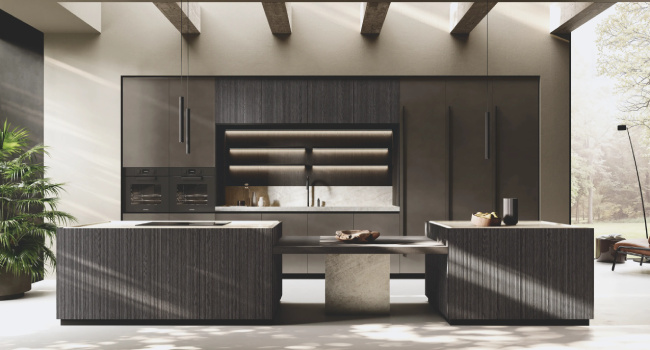 Italian Wood Ribbed Kitchen with Stoneware Worktop, Bluna Rigato